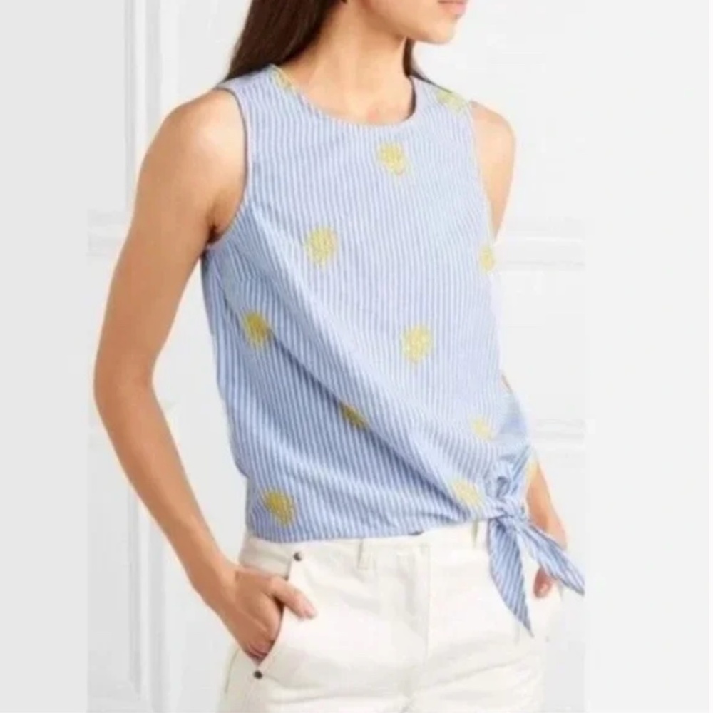 J. Crew Embroidered Pineapple Side-Tie White/Blue Stripe Top size 2